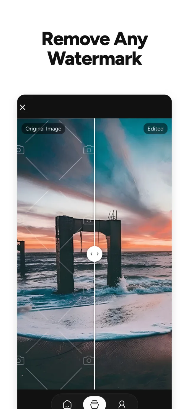 Removing a watermark from a beach photo, before and after